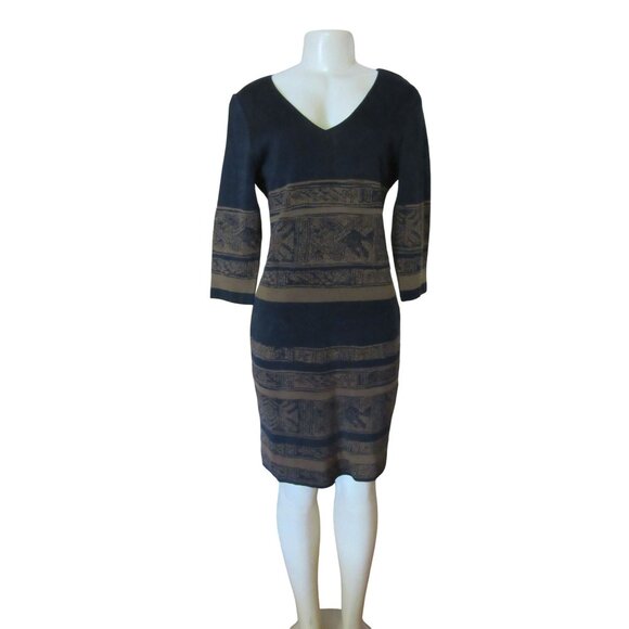 Peruvian Connection Black/Brown Aztec Print Pima Cotton Sweater Dress Size M - Picture 5 of 11